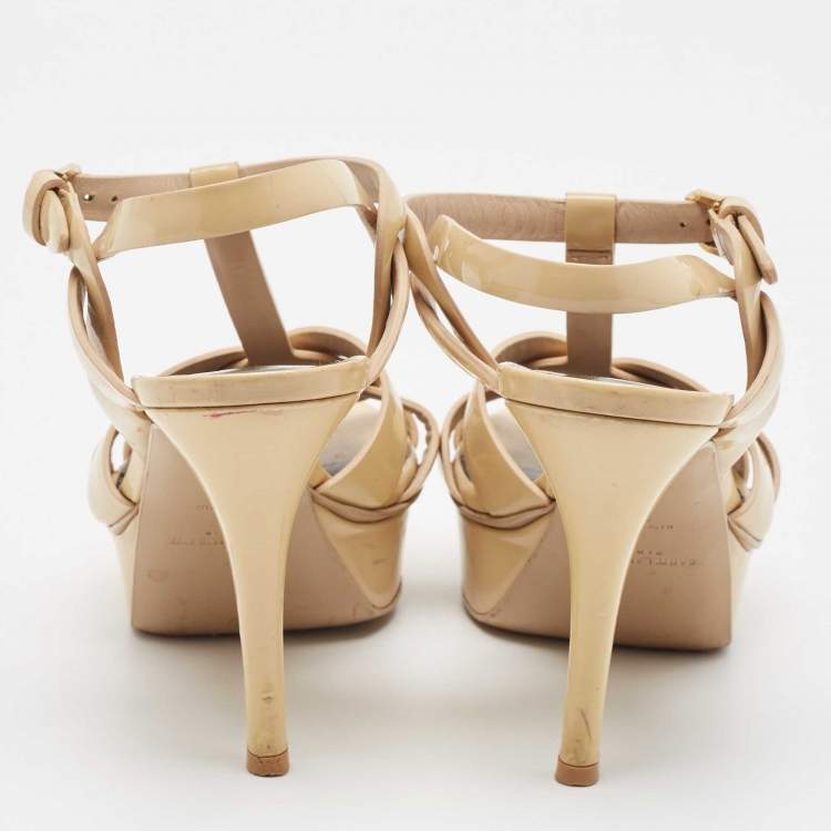 Pre Owned Saint Laurent Beige Patent Leather Tribute Sandals Size 36