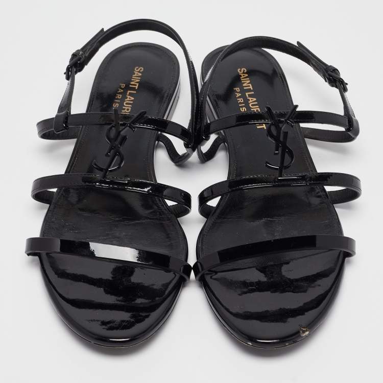 Pre Owned Saint Laurent Black Patent Leather Cassandra Flat Sandals Size 38