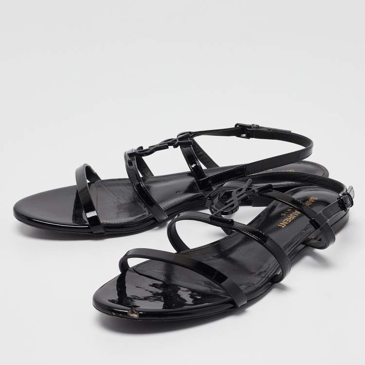 Pre Owned Saint Laurent Black Patent Leather Cassandra Flat Sandals Size 38