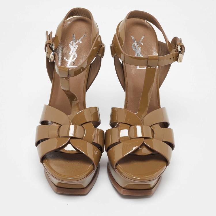 Pre Owned Saint Laurent Olive Green Patent Leather Tribute Sandals Size 37