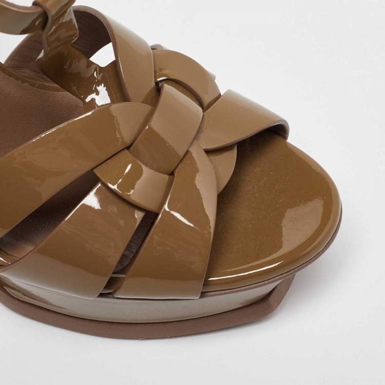 Pre Owned Saint Laurent Olive Green Patent Leather Tribute Sandals Size 37