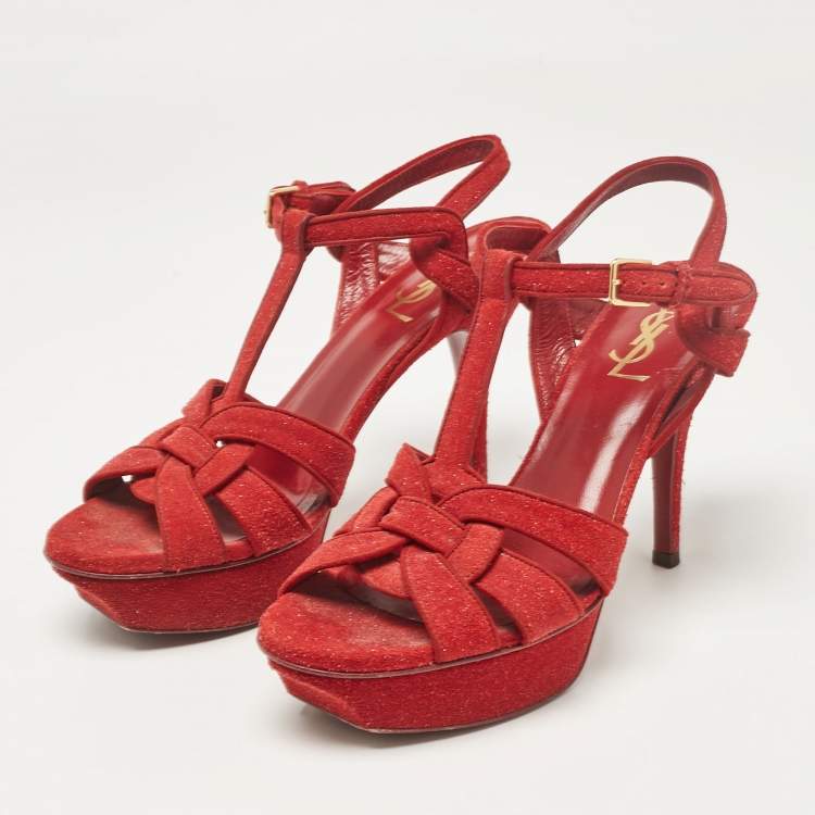 Pre Owned Saint Laurent Red Glitter and Suede Tribute Platform Sandals Size 38