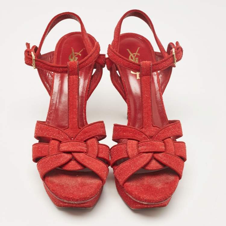 Pre Owned Saint Laurent Red Glitter and Suede Tribute Platform Sandals Size 38