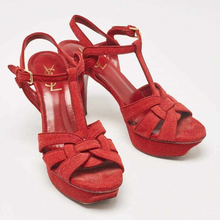 Pre Owned Saint Laurent Red Glitter and Suede Tribute Platform Sandals Size 38