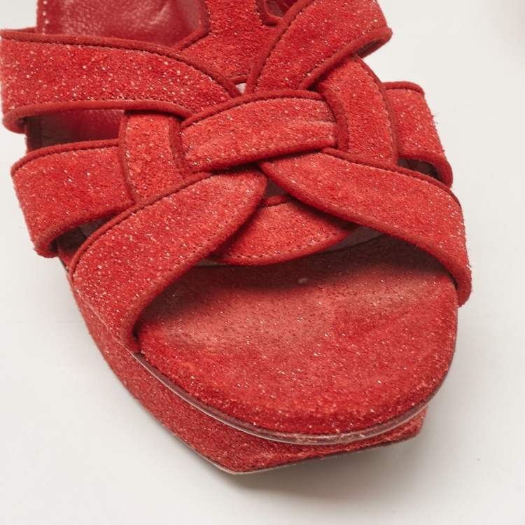 Pre Owned Saint Laurent Red Glitter and Suede Tribute Platform Sandals Size 38