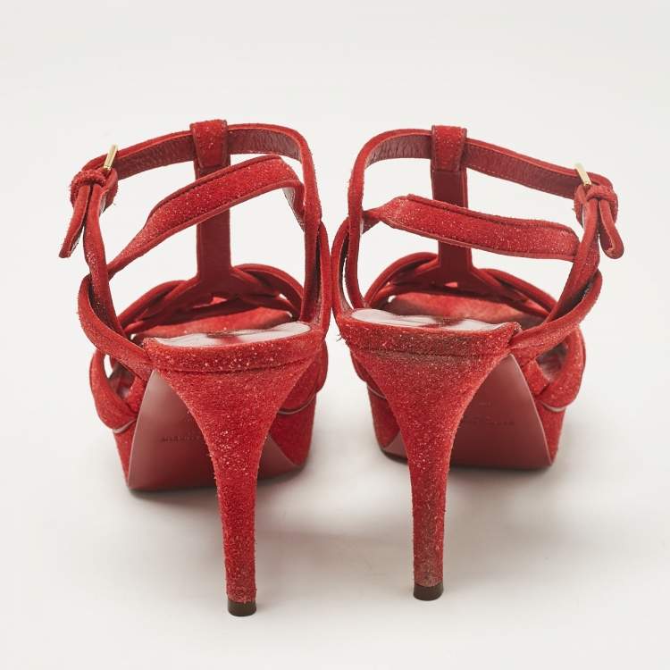 Pre Owned Saint Laurent Red Glitter and Suede Tribute Platform Sandals Size 38