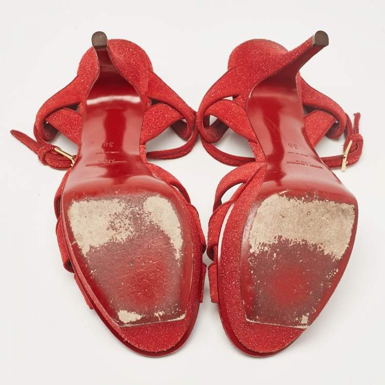 Pre Owned Saint Laurent Red Glitter and Suede Tribute Platform Sandals Size 38