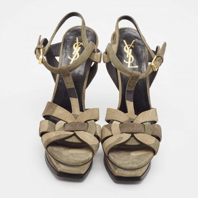 Pre Owned Saint Laurent Green Suede Tribute Platform Sandals Size 37.5