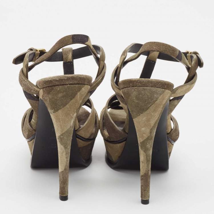 Pre Owned Saint Laurent Green Suede Tribute Platform Sandals Size 37.5