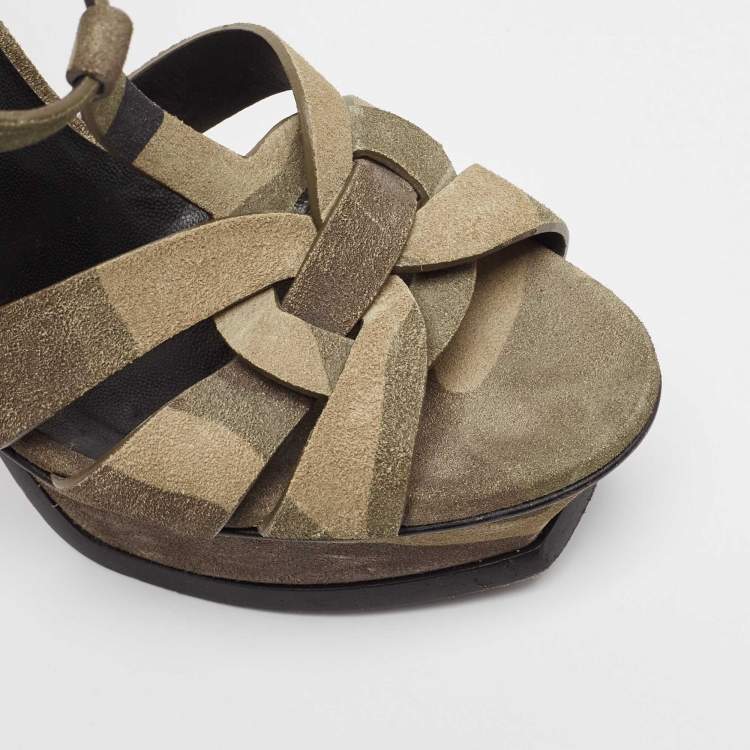 Pre Owned Saint Laurent Green Suede Tribute Platform Sandals Size 37.5