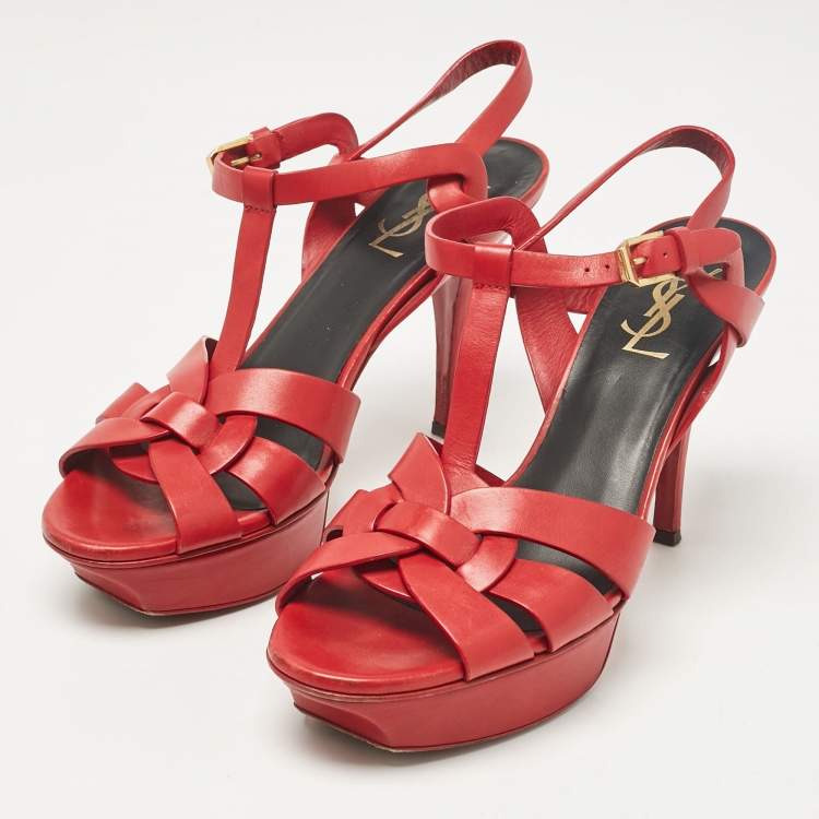 Pre Owned Saint Laurent Red Leather Tribute Sandals Size 38