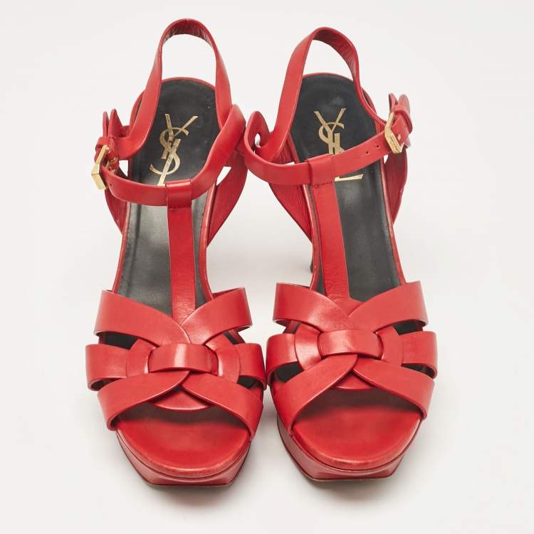 Pre Owned Saint Laurent Red Leather Tribute Sandals Size 38