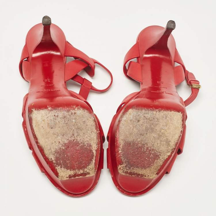 Pre Owned Saint Laurent Red Leather Tribute Sandals Size 38