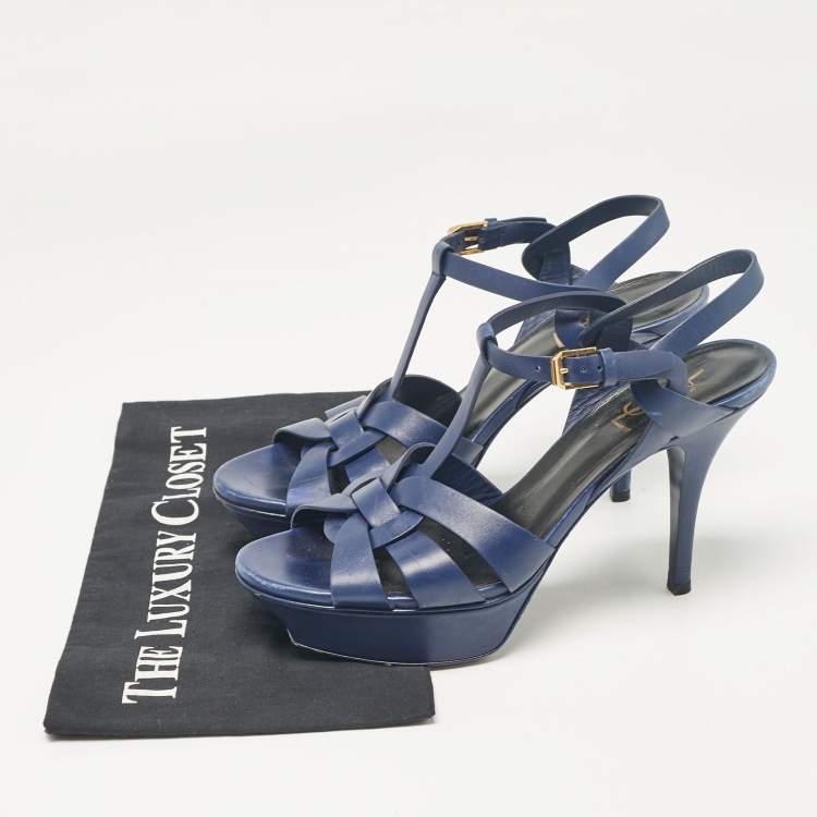 Pre Owned Saint Laurent Navy Blue Leather Tribute Sandals Size 38