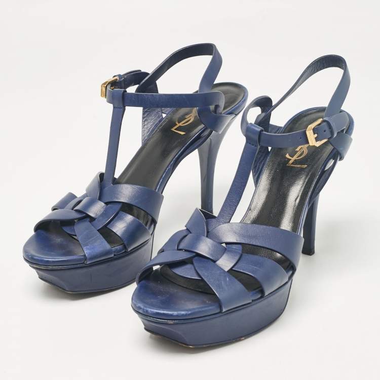 Pre Owned Saint Laurent Navy Blue Leather Tribute Sandals Size 38