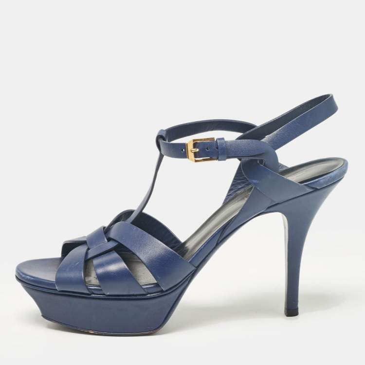 Pre Owned Saint Laurent Navy Blue Leather Tribute Sandals Size 38