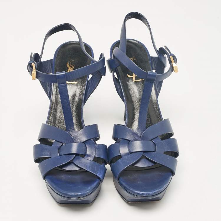 Pre Owned Saint Laurent Navy Blue Leather Tribute Sandals Size 38