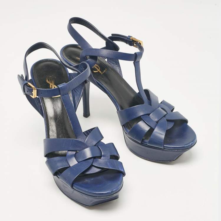 Pre Owned Saint Laurent Navy Blue Leather Tribute Sandals Size 38