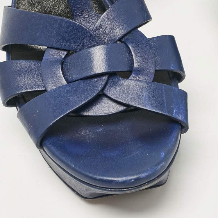 Pre Owned Saint Laurent Navy Blue Leather Tribute Sandals Size 38
