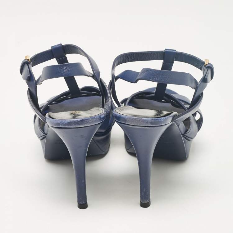 Pre Owned Saint Laurent Navy Blue Leather Tribute Sandals Size 38