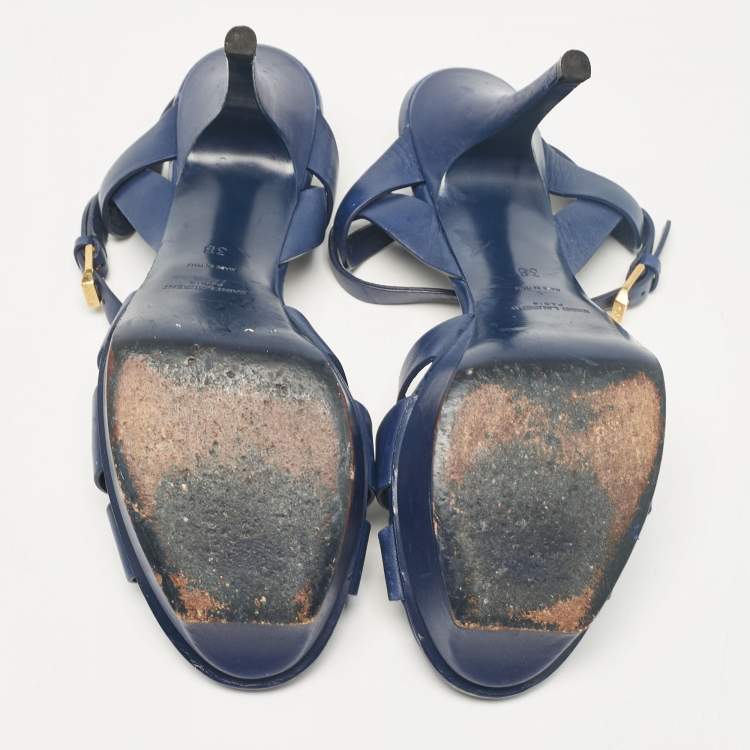 Pre Owned Saint Laurent Navy Blue Leather Tribute Sandals Size 38