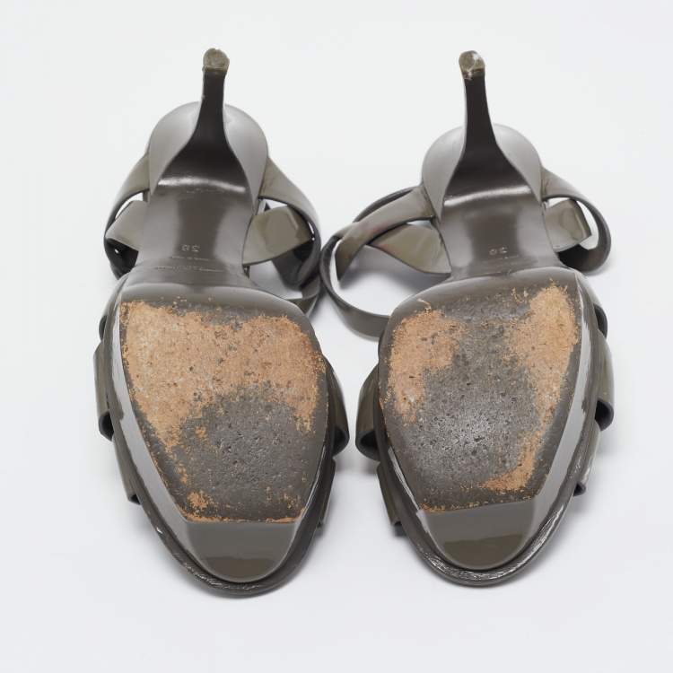 Pre Owned Saint Laurent Grey Patent Leather Tribute Sandals Size 38