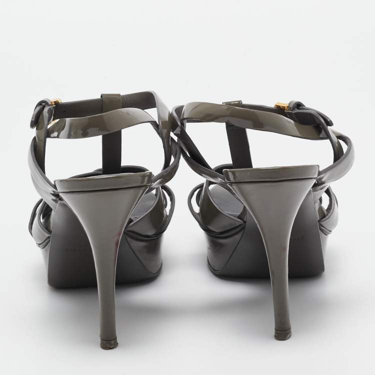 Pre Owned Saint Laurent Grey Patent Leather Tribute Sandals Size 38