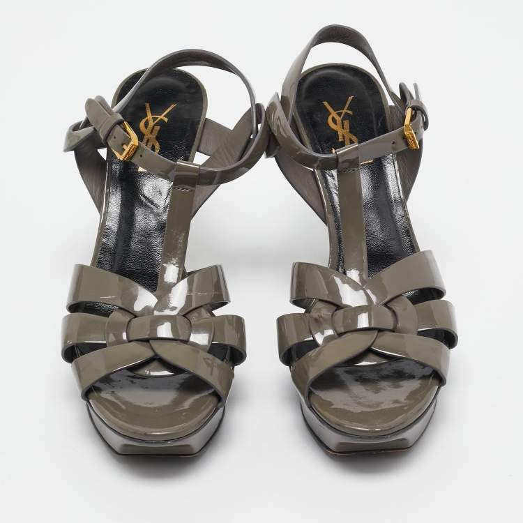 Pre Owned Saint Laurent Grey Patent Leather Tribute Sandals Size 38