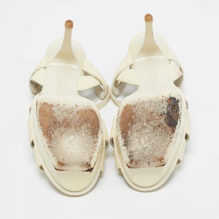 Pre Owned Saint Laurent Cream Patent Leather Tribute Sandals Size 38