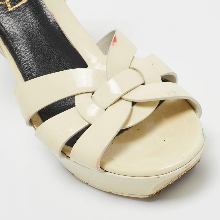 Pre Owned Saint Laurent Cream Patent Leather Tribute Sandals Size 38