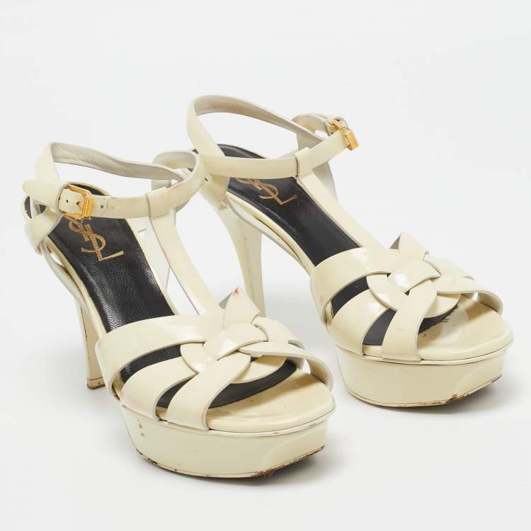 Pre Owned Saint Laurent Cream Patent Leather Tribute Sandals Size 38