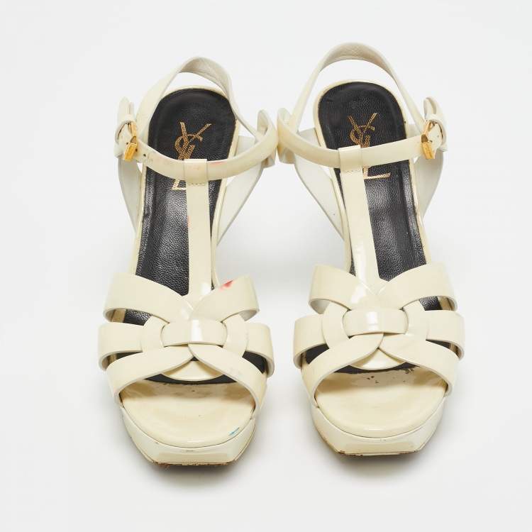 Pre Owned Saint Laurent Cream Patent Leather Tribute Sandals Size 38