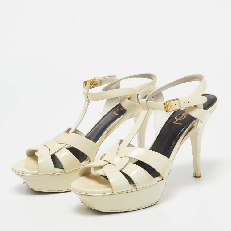 Pre Owned Saint Laurent Cream Patent Leather Tribute Sandals Size 38