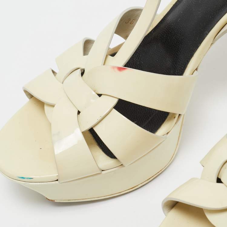 Pre Owned Saint Laurent Cream Patent Leather Tribute Sandals Size 38