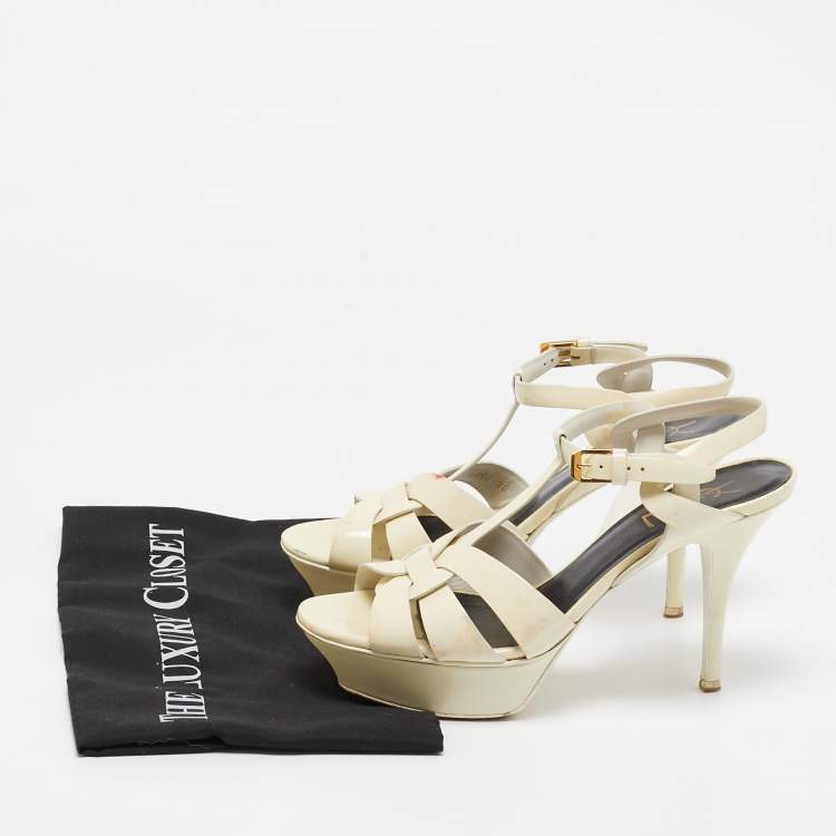 Pre Owned Saint Laurent Cream Patent Leather Tribute Sandals Size 38