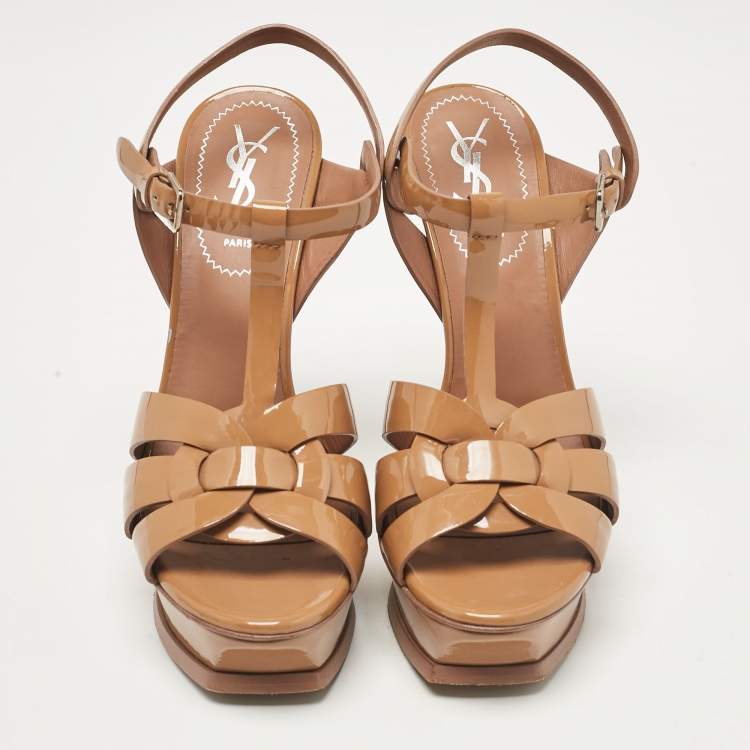Pre Owned Saint Laurent Beige Patent Tribute Platform Sandals Size 37.5