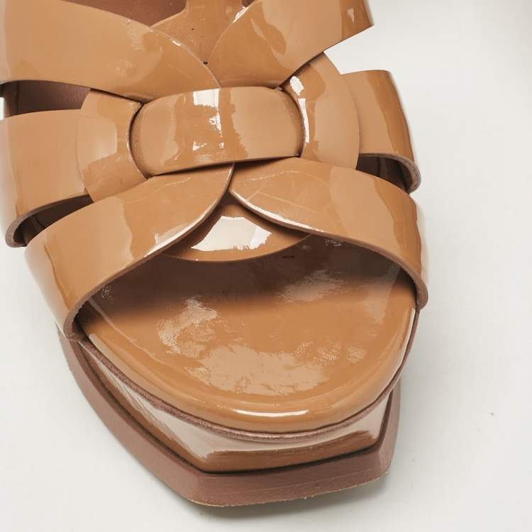 Pre Owned Saint Laurent Beige Patent Tribute Platform Sandals Size 37.5