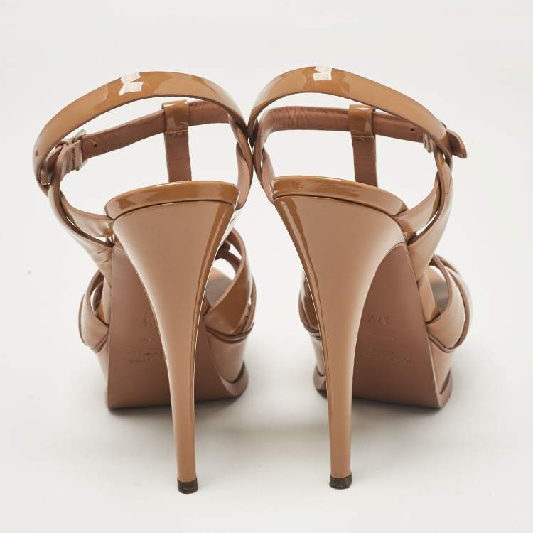 Pre Owned Saint Laurent Beige Patent Tribute Platform Sandals Size 37.5
