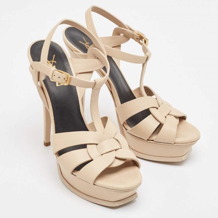 Pre Owned Saint Laurent Beige Leather Tribute Sandals Size 39