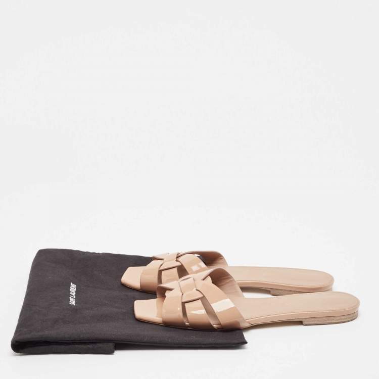 Pre Owned Saint Laurent Beige Patent Leather Tribute Flat Slides Size 36.5