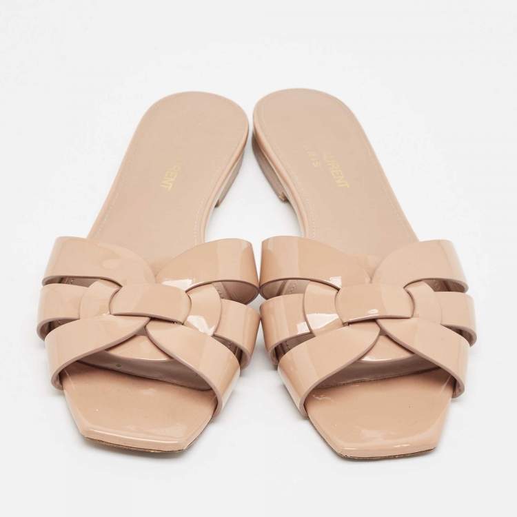 Pre Owned Saint Laurent Beige Patent Leather Tribute Flat Slides Size 36.5