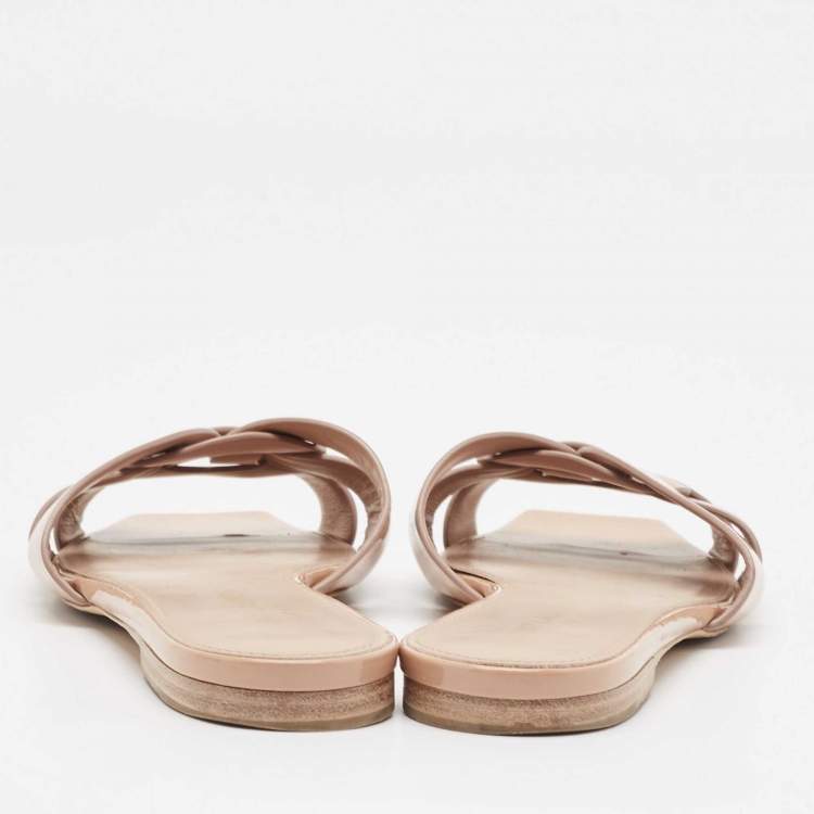 Pre Owned Saint Laurent Beige Patent Leather Tribute Flat Slides Size 36.5