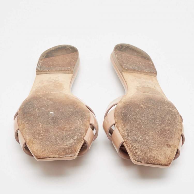 Pre Owned Saint Laurent Beige Patent Leather Tribute Flat Slides Size 36.5