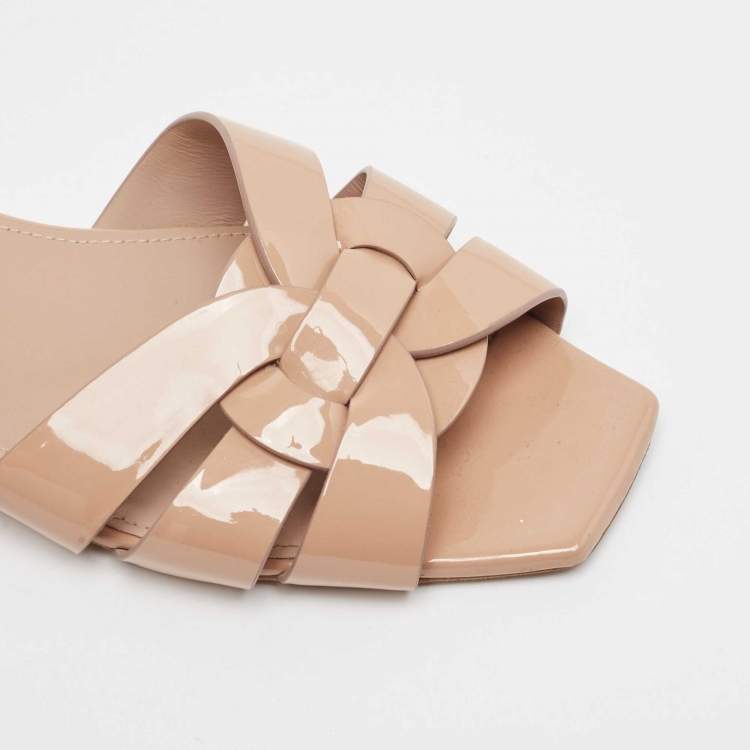 Pre Owned Saint Laurent Beige Patent Leather Tribute Flat Slides Size 36.5