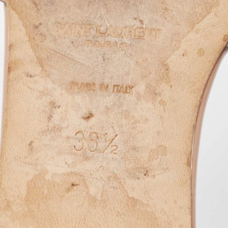 Pre Owned Saint Laurent Beige Patent Leather Tribute Flat Slides Size 36.5