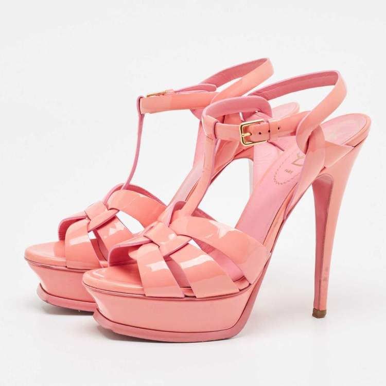 Pre Owned Saint Laurent Pink Patent Leather Tribute Platform Sandals Size 37.5