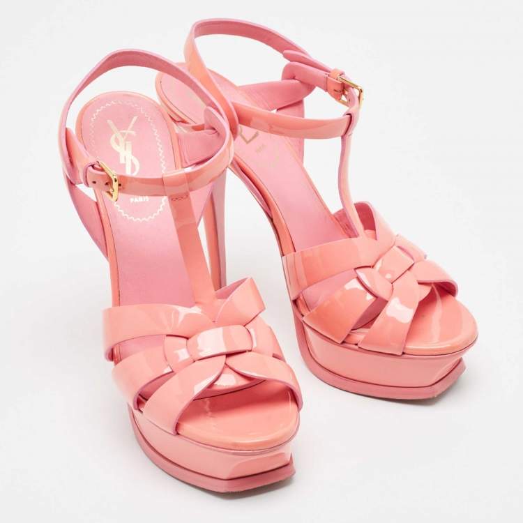 Pre Owned Saint Laurent Pink Patent Leather Tribute Platform Sandals Size 37.5