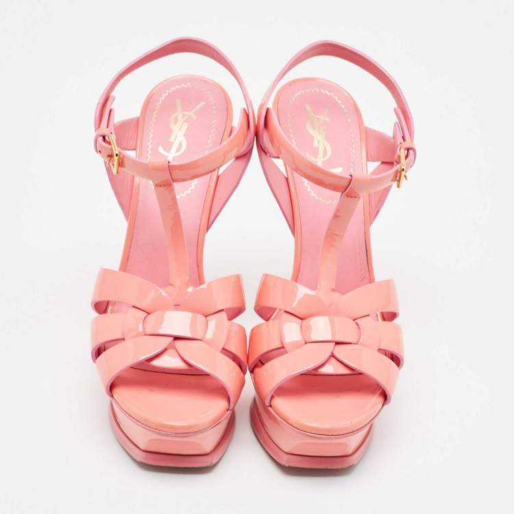 Pre Owned Saint Laurent Pink Patent Leather Tribute Platform Sandals Size 37.5