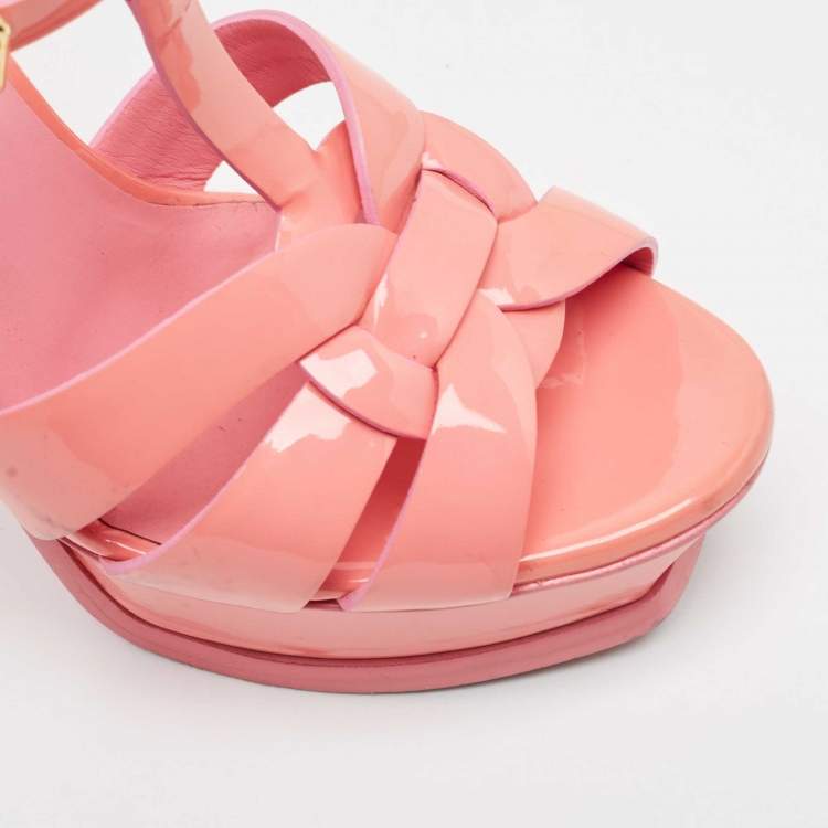 Pre Owned Saint Laurent Pink Patent Leather Tribute Platform Sandals Size 37.5