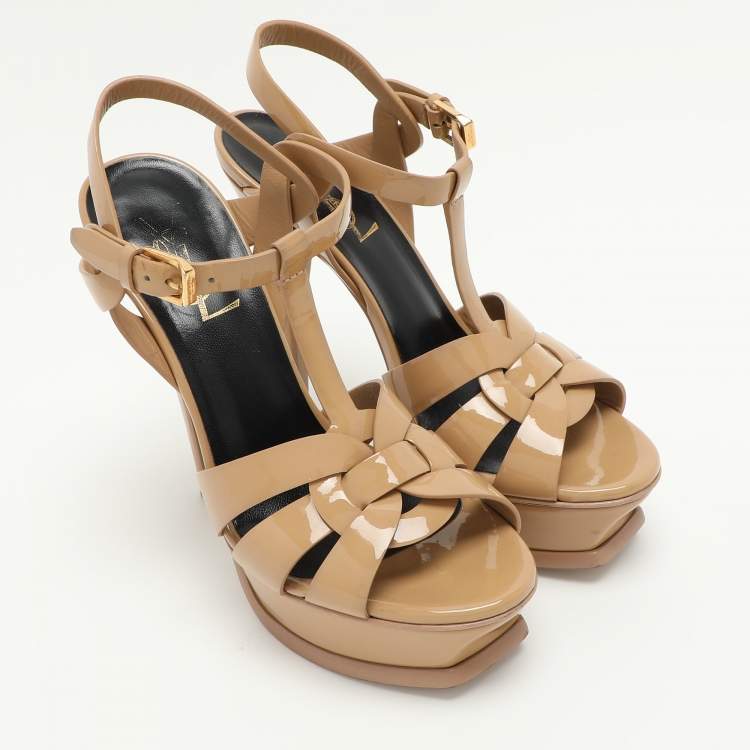Pre Owned Saint Laurent Beige Patent Leather Tribute Platform Sandals Size 35